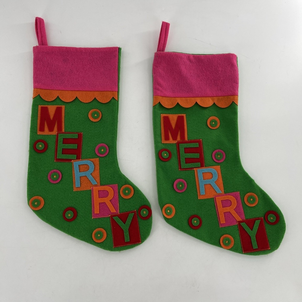 Set of‎ 2 Vintage 80s-90s Felt Christmas Stockings MERRY Spellout Colorful 20"